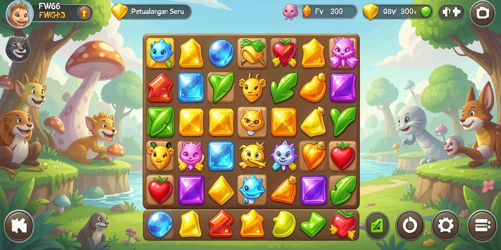 Screenshot utama FW66 menunjukkan gameplay seru dalam permainan Match-3.