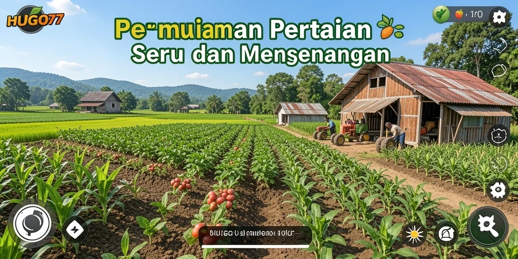 Tampilan gameplay HUGO77 yang menarik dengan kebun yang subur.