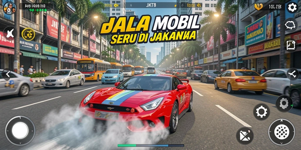 Tampilan gameplay JKT8 yang menegangkan di trek balap Jakarta.