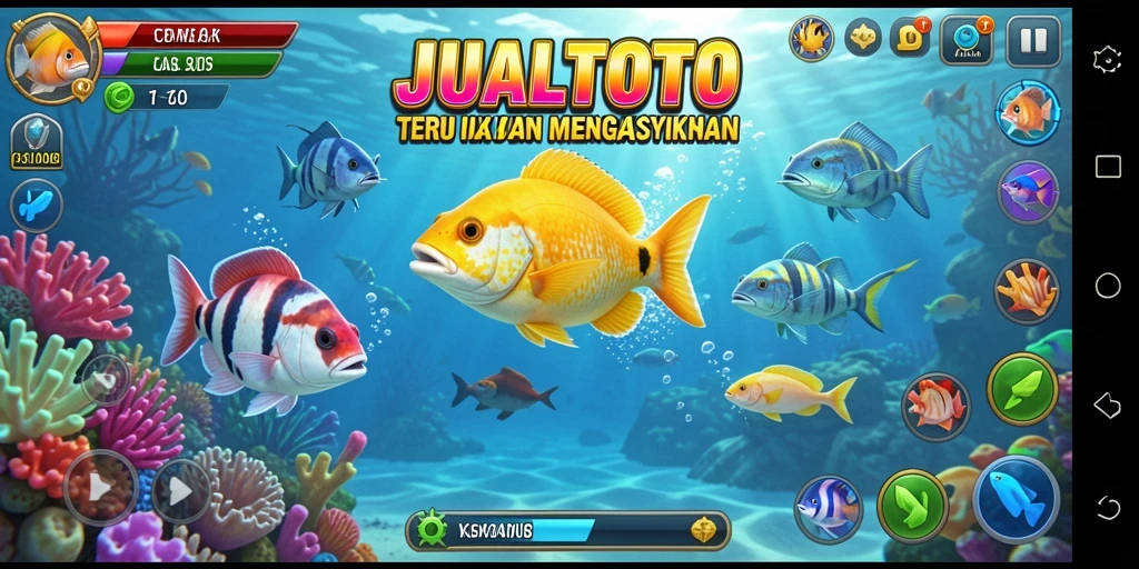 Tampilan gameplay seru di JUALTOTO dengan ikan-ikan berwarna-warni.