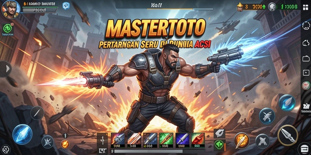 Tampilan gameplay MASTERTOTO dengan karakter aksi bertempur.