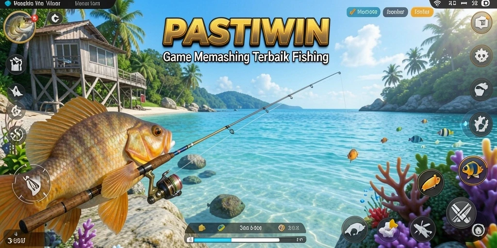 Screenshot gameplay PASTIWIN menampilkan aksi memancing yang seru dan lokasi indah.