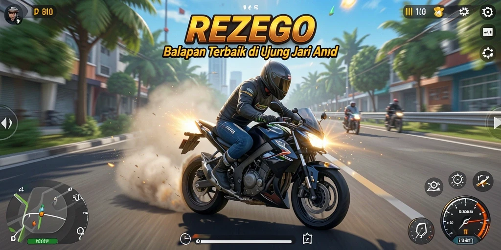 Screenshot utama REZEGO menampilkan aksi balapan motor yang mendebarkan.